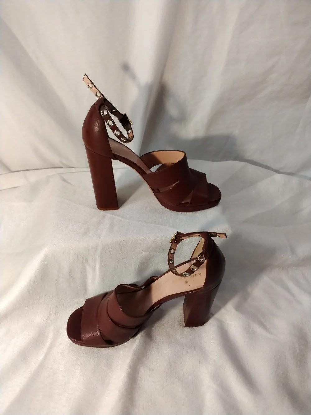 kate spade Brown Leather High Block Heel Sandals with Studded Ankle Strap